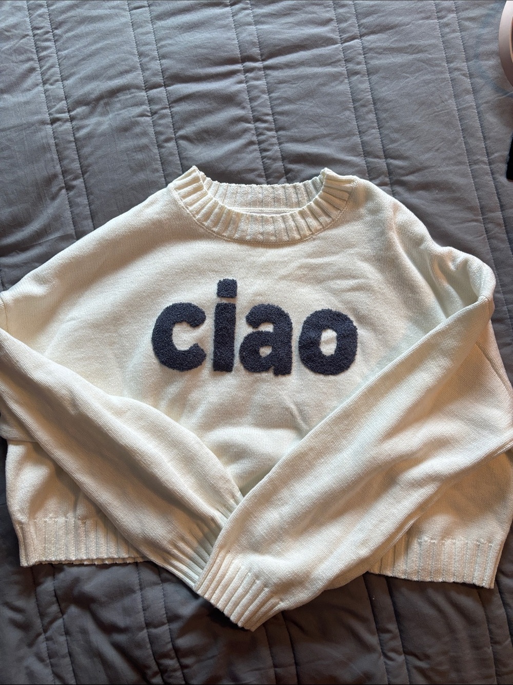Sincerely Jules Cream Crewneck Sweater with Navy 'ciao' Graphic